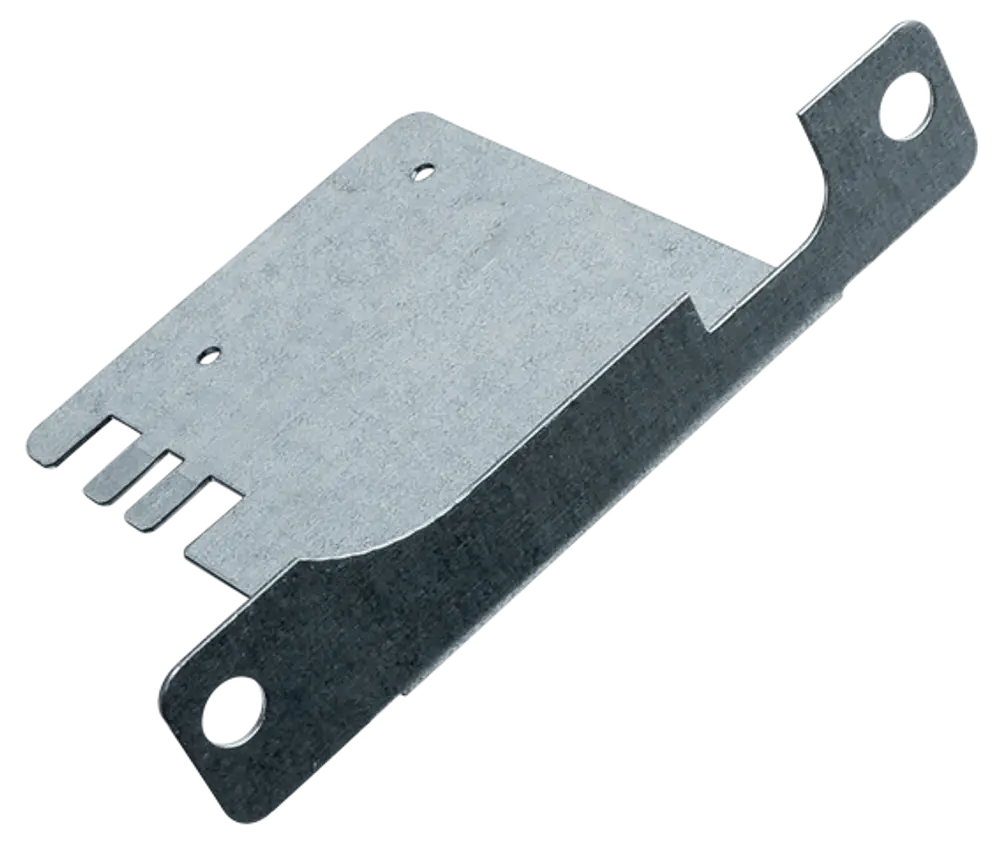 Haltewinkel aus Metall, mit zwei Löchern zur Befestigung und mehreren Ausschnitten, geeignet für Zündtrafos. Das Produkt gehört zur Marke Wolf.